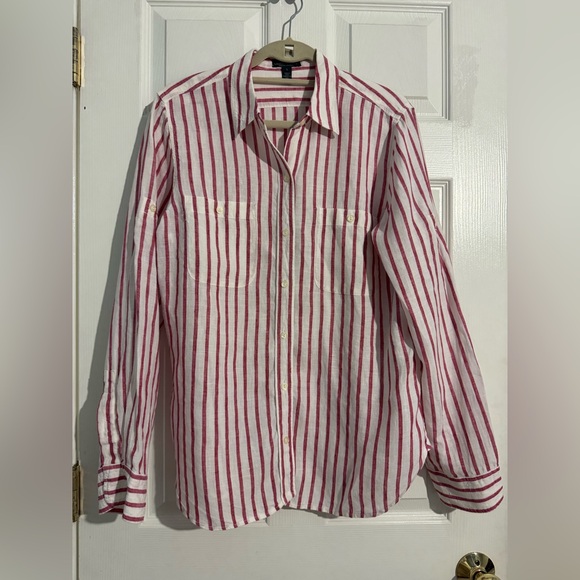 Ralph Lauren Tops - Ralph Lauren Red and Cream Striped Linen Shirt